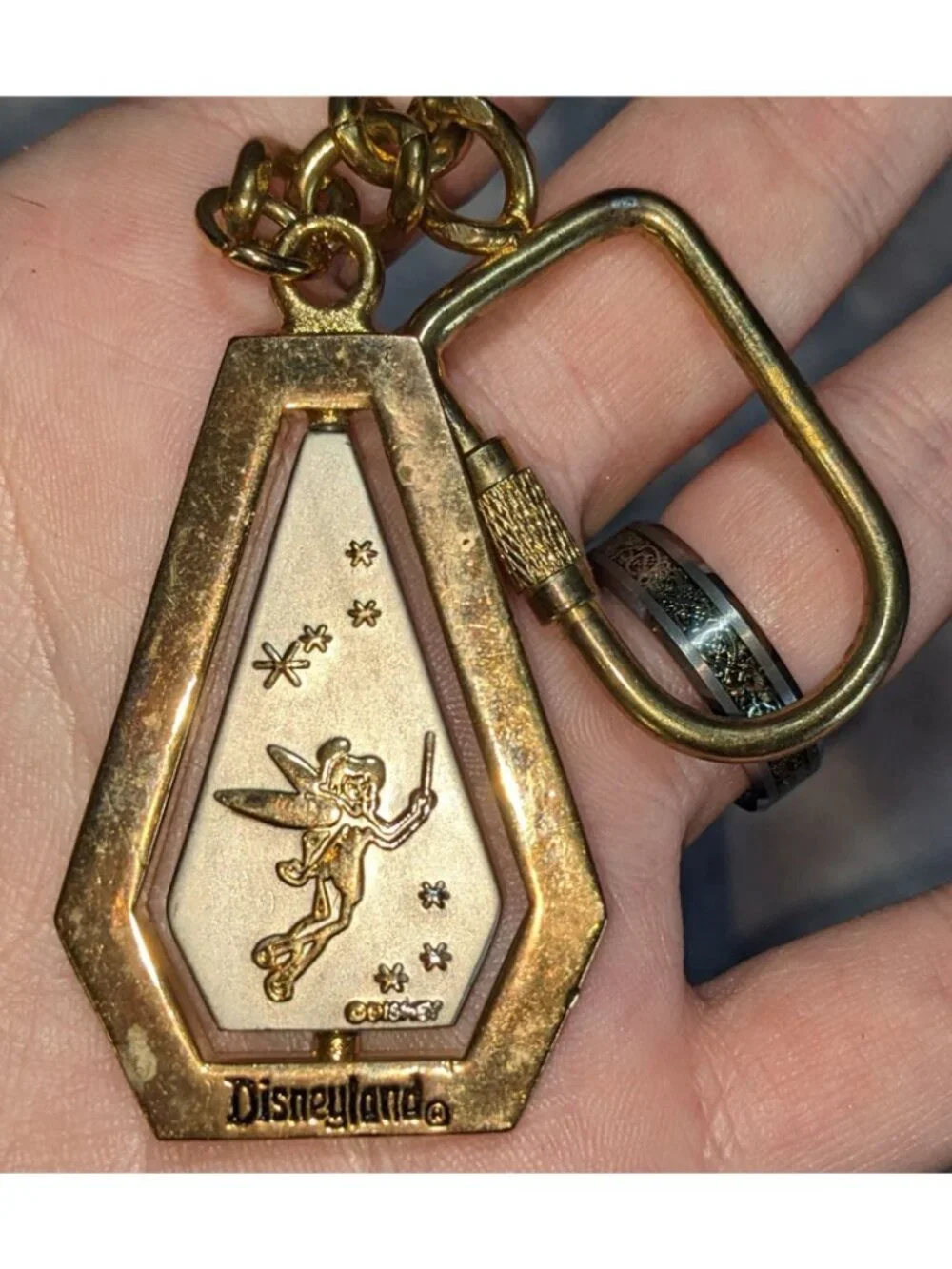 Y2K Disney Disneyland Tinker Bell Spinning Castle Gold Tone Keychain